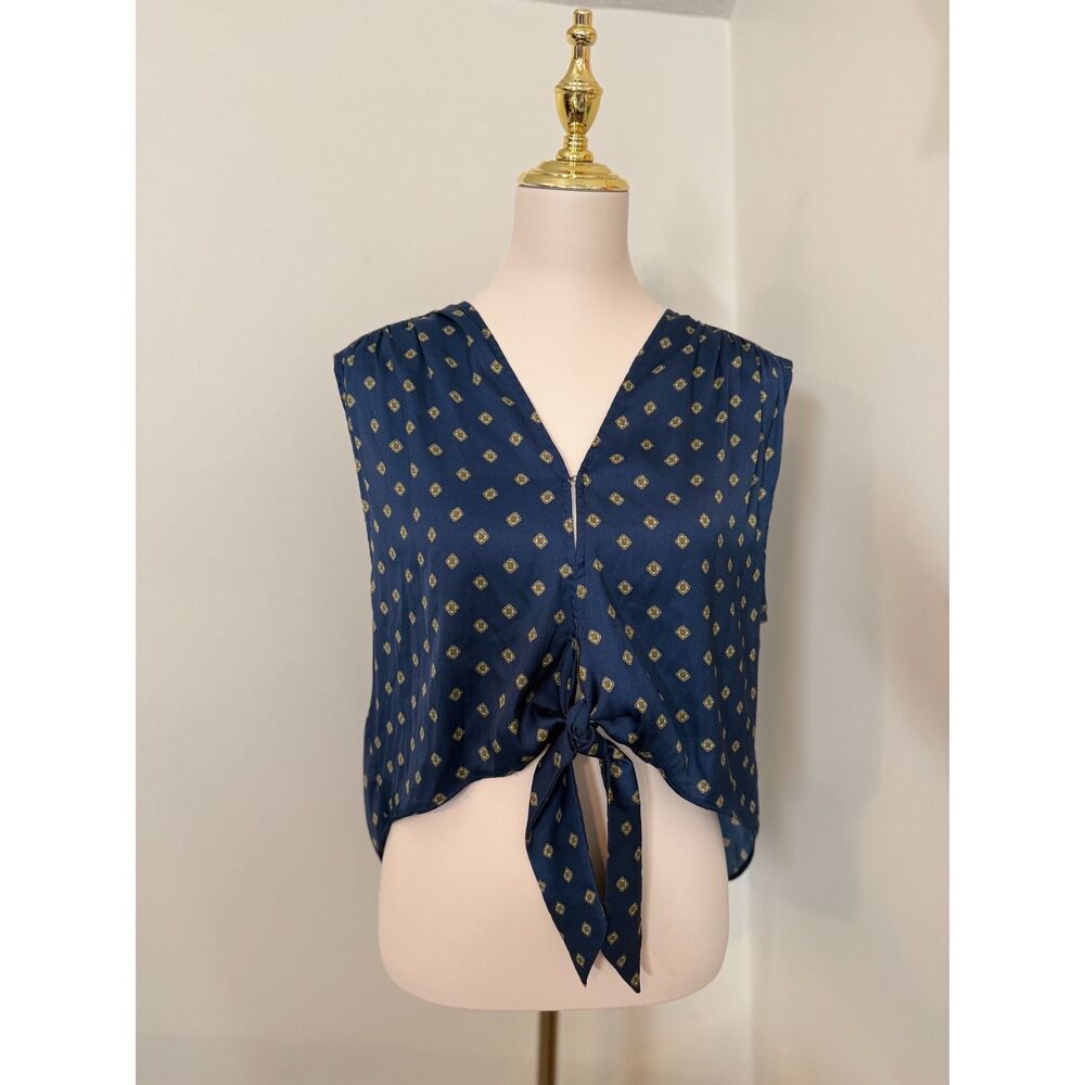 Free People XS Navy Blue Printed Tie Front Sleeveless Boho Blouse Top